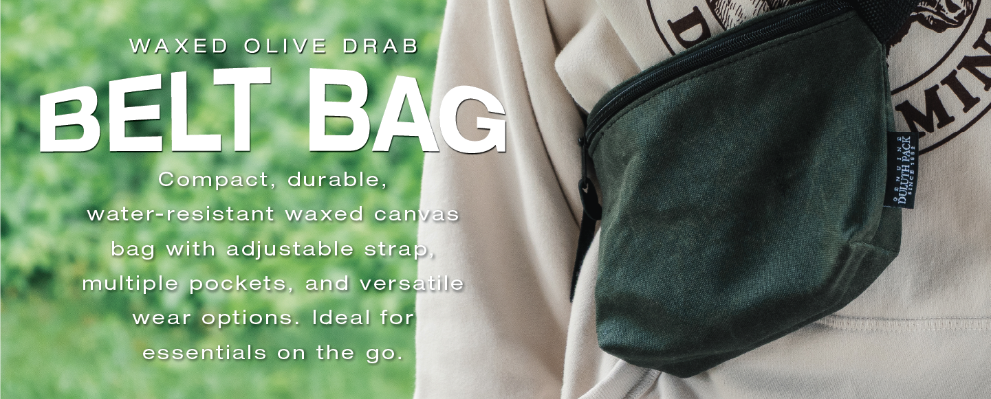 Waxed Olive Drab Belt Bag:

Compact, durable, water-resistant waxed canvas bag with adjustable strap, multiple pockets, and versatile wear options. Ideal for essentials on the go.
