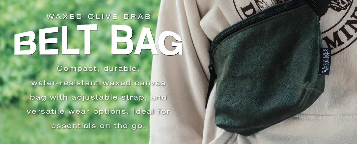 Waxed Olive Drab Belt Bag:

Compact, durable, water-resistant waxed canvas bag with adjustable strap, multiple pockets, and versatile wear options. Ideal for essentials on the go.